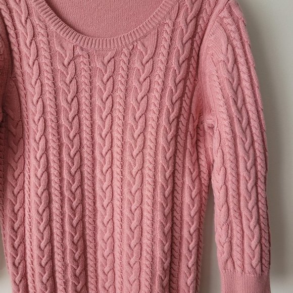 VINTAGE Pink Chunky Cable Knit Scoop Neck Sweater Pullover - Picture 10 of 11